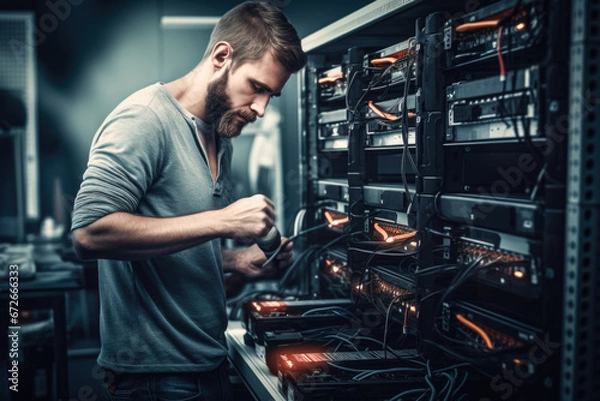 Obraz Male network specialist at work at server room doing network commissioning and cyber security check. Generative Ai