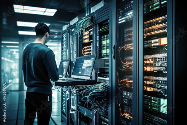 Fototapeta Male network specialist at work at server room doing network commissioning and cyber security check. Generative Ai