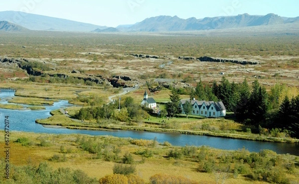 Fototapeta View on Thingvellir (assembly fields), the site of the Althing, the annual governing assembly of Iceland founded in the year 930, lying in a valley between the N. American and Eurasian tectonic plates