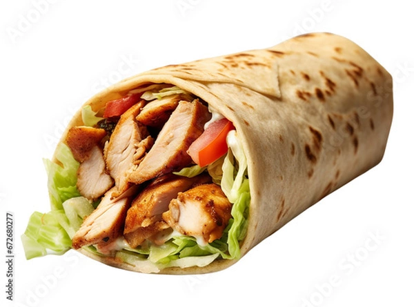 Fototapeta A Shawarma pita roll with chicken isolated on transparent or white background, png