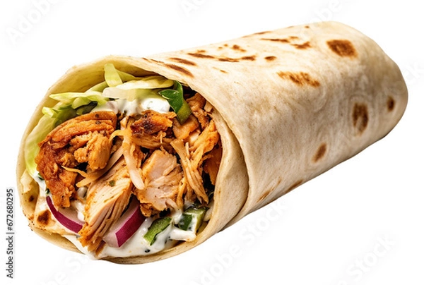 Fototapeta A Shawarma pita roll with chicken isolated on transparent or white background, png