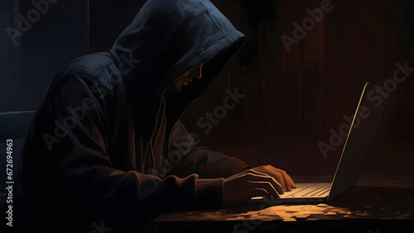 Fototapeta A hacker is using his laptop to hack into the data of an unspecified number of people. Information security for individuals and companies is a very important social issue. Generative AI