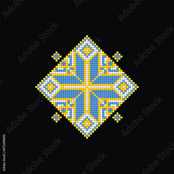Fototapeta Realistic Cross-Stitch Embroideried Ornate Element. Ethnic Motif, Handmade Stylization. Traditional Ukrainian Yellow and Blue Embroidery. Ethnic Single Design Element. Vector 3d Illustration
