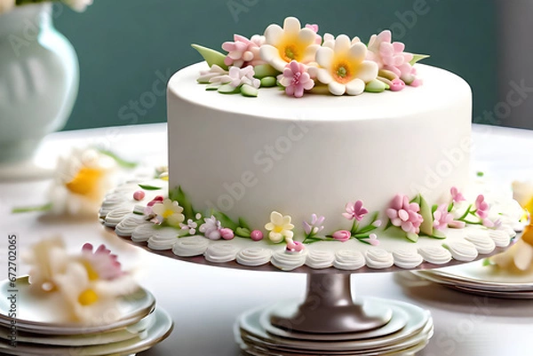 Fototapeta I think you will be happy if you use flower cakes on birthdays or anniversaries. It is a neat and beautiful cake. Generative AI.