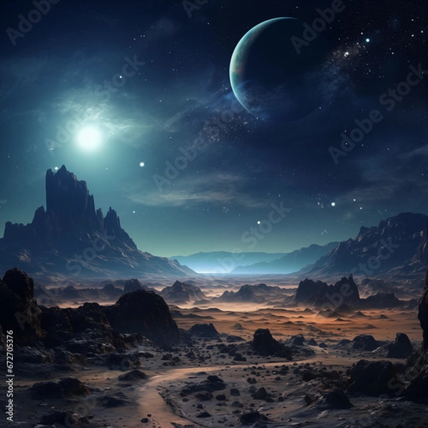 Obraz Night sky over desolate planet with moon
