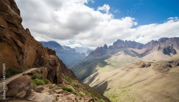 Fototapeta High up on the mountain peak, a majestic landscape awaits generated by AI