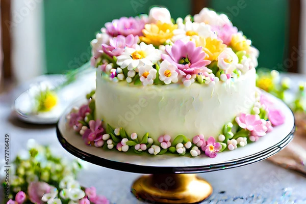 Fototapeta The flower cake is beautiful and lovely. The person receiving the gift is happy. Flowers were in full bloom on the white cake. Generative AI.