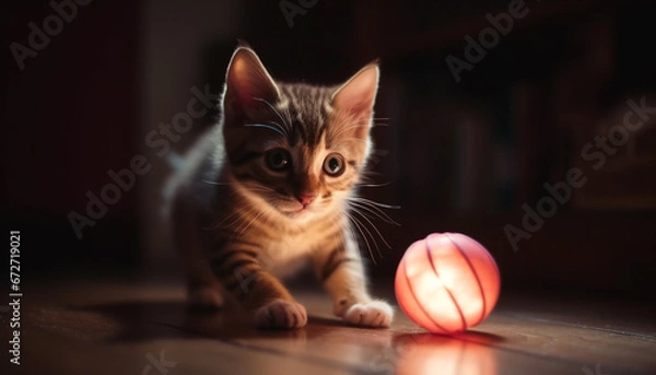 Fototapeta A playful striped kitten with a yellow ball indoors playing generated by AI