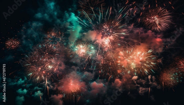 Fototapeta Explosive fireworks illuminate the dark night sky in celebration generated by AI