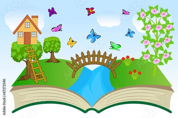 Fototapeta open book with summer landscape