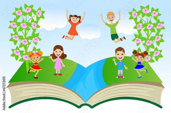 Fototapeta open book with children and summer landscape