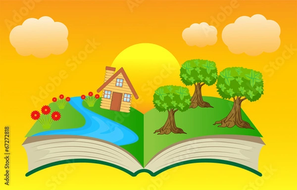 Fototapeta open book with summer landscape