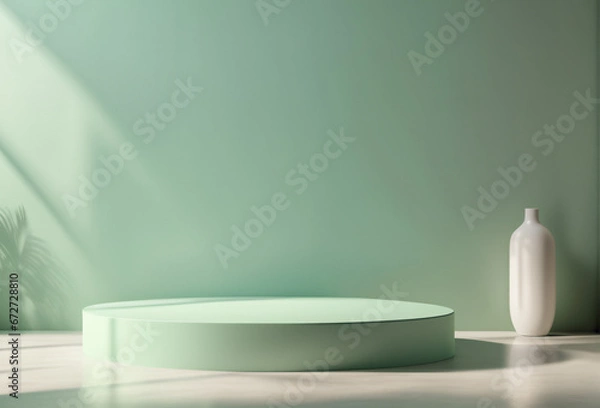 Fototapeta Empty Green Rounded Pedestal Stage and Vase with Natural Lighting for Product Placement