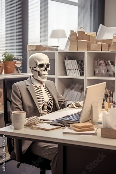 Fototapeta Skeleton in the business suit sitting at modern office desk, working with laptop. Corporate overtime. High quality photo, overworked workaholic concept. 