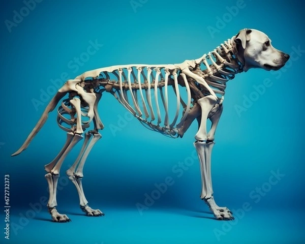 Fototapeta 3d rendered medically accurate illustration of the dog skeleton isolated on modern pastel blue color background, happy pet