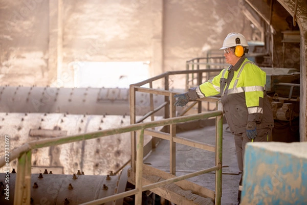 Fototapeta A worker in a helmet and equipment stands against the backdrop of a cement plant workshop. Work technology, cement production. People working in heavy industry.