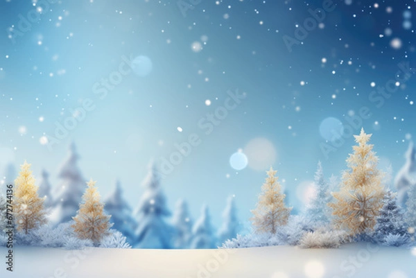 Fototapeta A christmas background with lights and snow falling from trees.