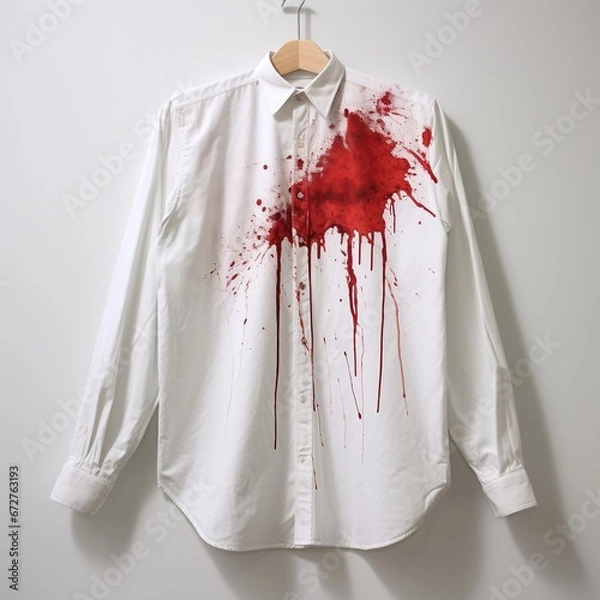 Fototapeta White shirt cloth sheet with red blood or stains dripping red on white 