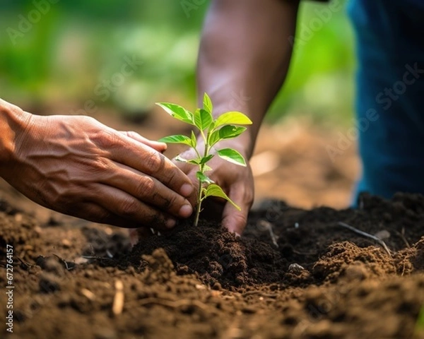 Fototapeta The volunteer is planting seedlings into the soil.