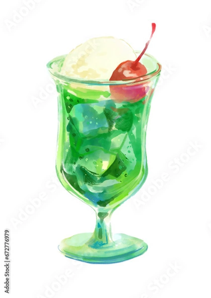 Fototapeta 爽やかで美味しそうなクリームソーダのリアルな水彩イラスト(PNG)