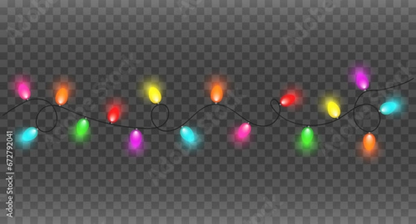 Fototapeta Christmas lights isolated on transparent background. Glowing string.