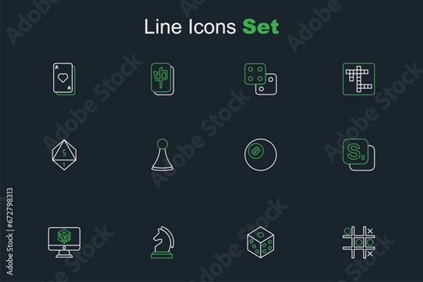 Fototapeta Set line Tic tac toe game, Game dice, Chess, Bingo, Billiard pool snooker ball, Chip for board and icon. Vector