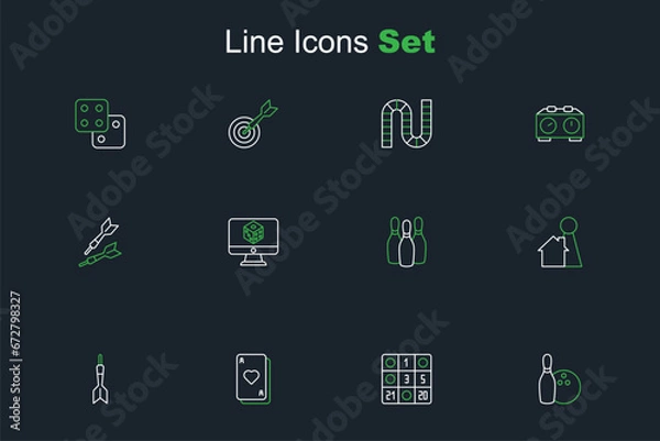Fototapeta Set line Bowling pin and ball, Bingo card, Playing cards, Dart arrow, Chip for board game, Game dice and icon. Vector