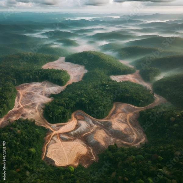 Obraz Deforestation in a misty mountainous landscape.