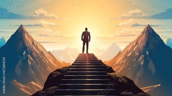 Obraz Businessman and stair step to top mountain, Business and success concept