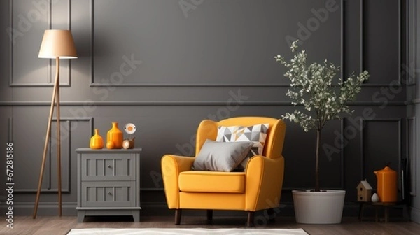 Fototapeta interior corner room with low cupboard, armchair, wooden floor lamp and gray walls