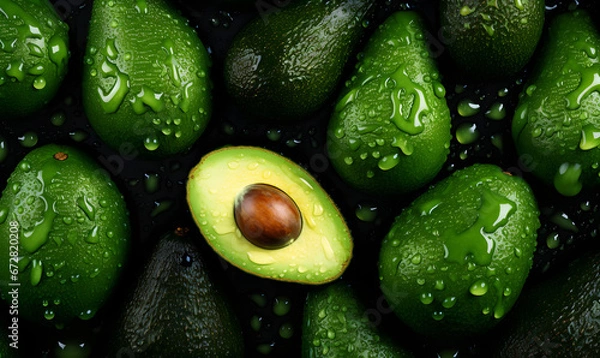 Fototapeta A fresh avocado with water droplets, fruits and vegetables in food photography