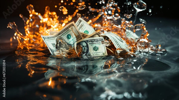 Fototapeta Melting digital and analog money in flames and liquid