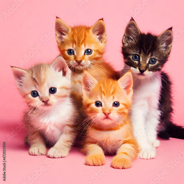 Obraz 4 cute multi-colored kittens on a bright background created with generative ai technology	