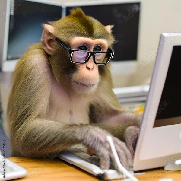 Obraz monkey sitting in glasses at the computer created with generative ai technology	