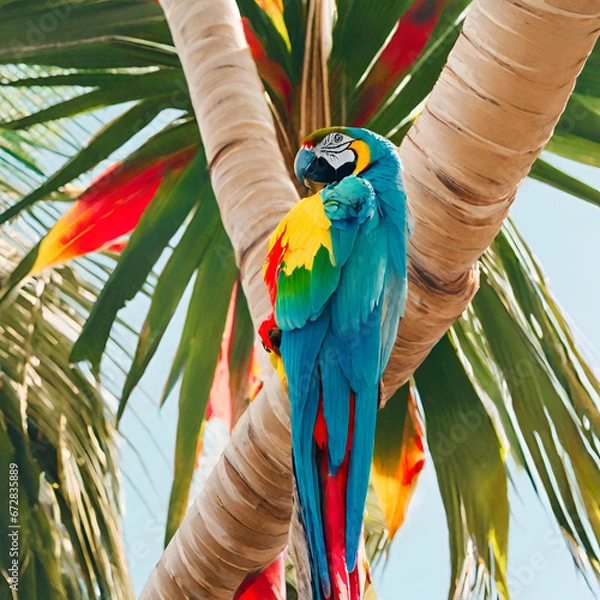 Obraz macaw parrot on a palm tree created with generative ai technology	

