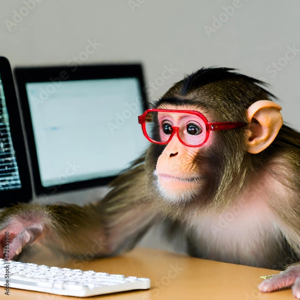 Obraz monkey sitting in red glasses at the computer created with generative ai technology	