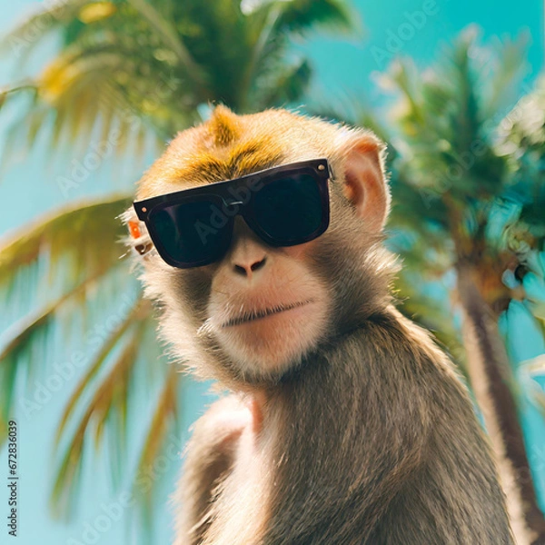 Obraz monkey with glasses on a background of palm trees created with generative ai technology