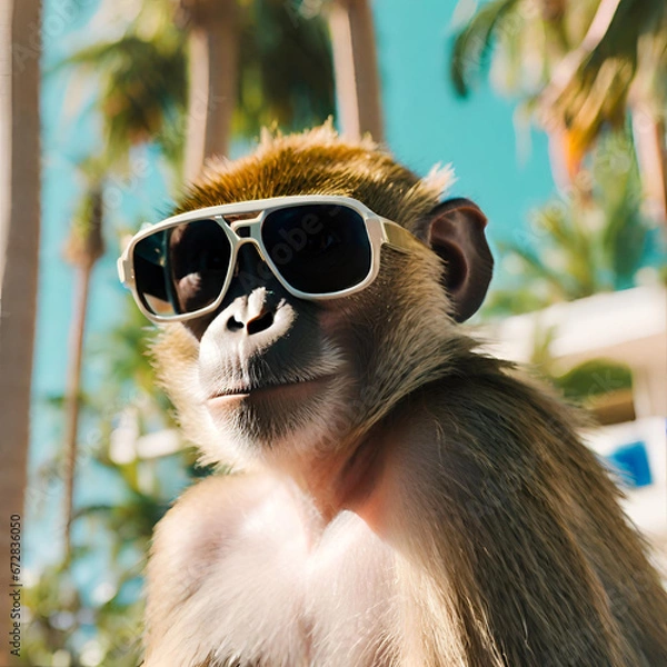 Obraz monkey with glasses on a background of palm trees created with generative ai technology