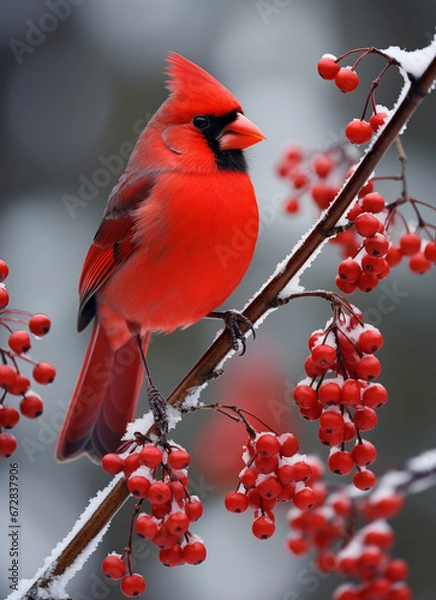Fototapeta Red cardinal portrait in snowy winter perched on branch with berries.
