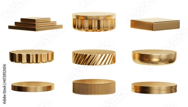 Fototapeta Gold podium set isolated on white background 3d rendering