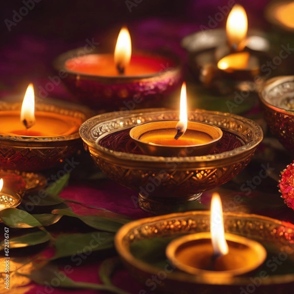 Fototapeta burning candles diwali background in the dark with Ai generated.