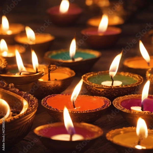 Fototapeta candles in the dark with ai generated. Oil lamp of Diwali