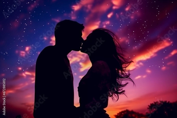 Fototapeta A romantic silhouette of a couple against the background of a twilight sky, surrounded by stars
