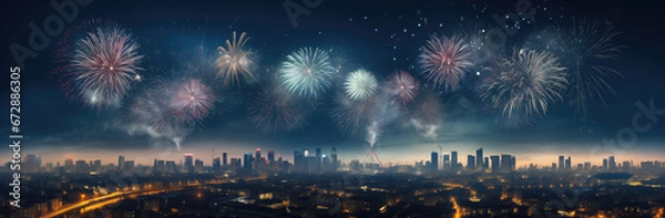 Fototapeta Panoramic view of colorful fireworks over cityscape at night.