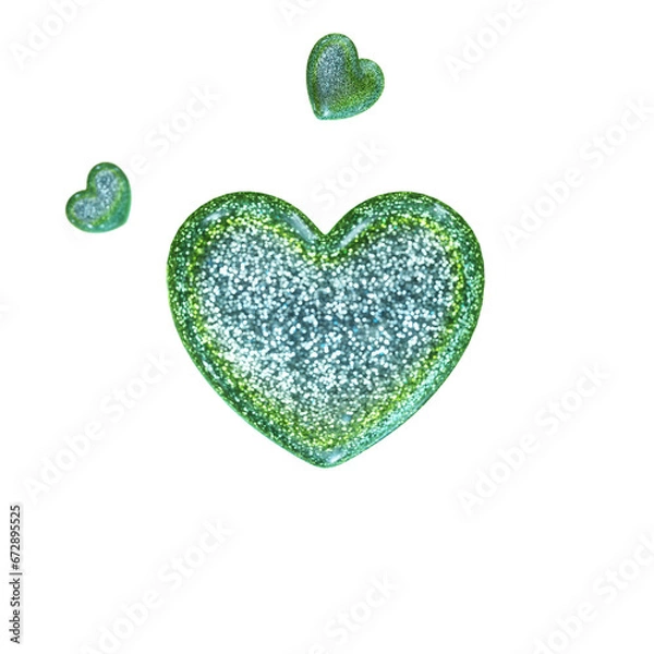 Fototapeta Set of 3d hearts with glitter. Glowing design element for Valentine's day holiday, Engagement cards on transparent background