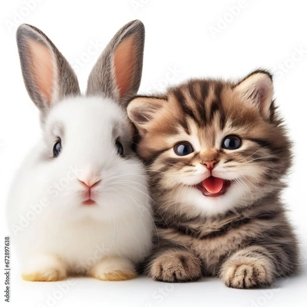 Obraz White bunny and tabby kitten close together as best friend, isolated on white background