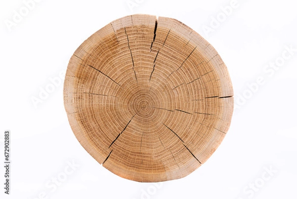 Fototapeta A section of a tree trunk. Oak cut. A wooden stump on a white background.