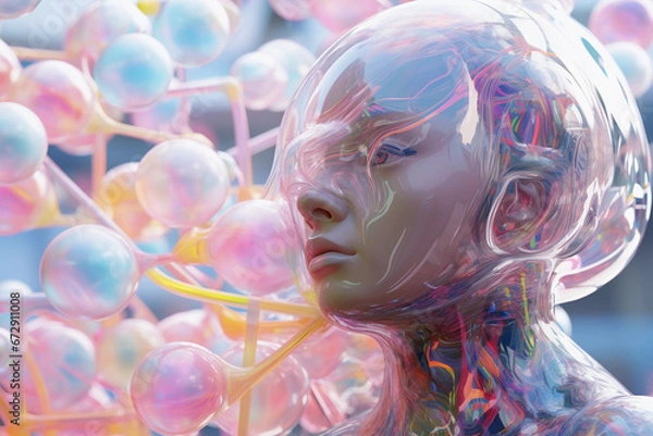 Obraz A robot or artificial person made of iridescent plastic in the full light. AI Generative