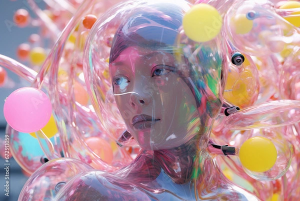 Obraz Robot android with a beautiful female appearance on a white background. Bubbles space. AI generative.