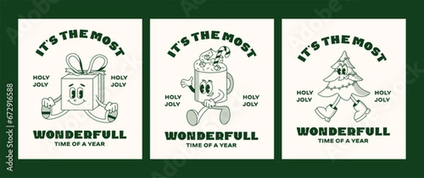 Fototapeta Christmas and New Year retro cartoon characters label template poster set. Present, cup, tree, bauble. Merry xmas Vector mascot groovy illustration in trendy vintage comic style isolated on background